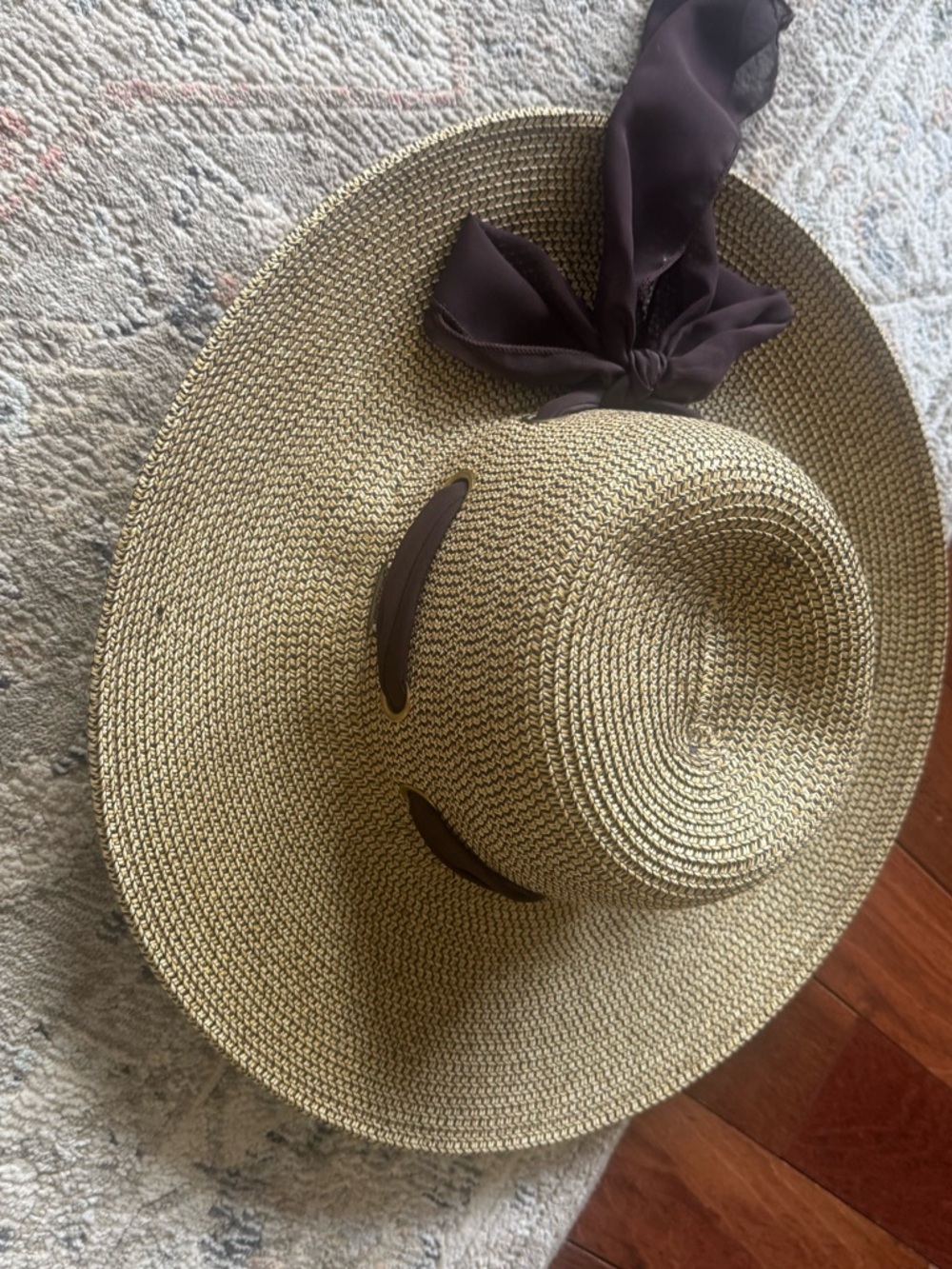 Wide-Brim Straw Sun Hat with Brown Scarf Accent